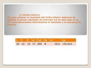 I f F xi f.xi fs Li Ls
23 12 12 17 204 8 10,5 =l2+0,5
LI (limite inferior)
36. para obtener el resultado del límite inferior debemos de
restarle al primer resultado de intervalo 0.5 en este caso al 11
37. automáticamente obtendremos el resultado y arrastramos la
formula
 