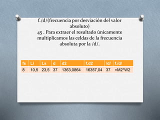 f./d/(frecuencia por desviación del valor
absoluto)
45 . Para extraer el resultado únicamente
multiplicamos las celdas de la frecuencia
absoluta por la /d/.
fs Li Ls d d2 f.d2 /d/ f./d/
8 10,5 23,5 37 1363,0864 16357,04 37 =M2*W2
 