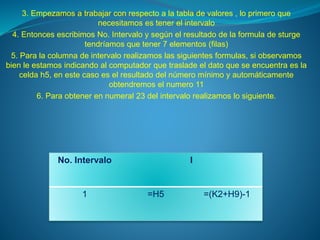 3. Empezamos a trabajar con respecto a la tabla de valores , lo primero que
necesitamos es tener el intervalo
4. Entonces escribimos No. Intervalo y según el resultado de la formula de sturge
tendríamos que tener 7 elementos (filas)
5. Para la columna de intervalo realizamos las siguientes formulas, si observamos
bien le estamos indicando al computador que traslade el dato que se encuentra es la
celda h5, en este caso es el resultado del número mínimo y automáticamente
obtendremos el numero 11
6. Para obtener en numeral 23 del intervalo realizamos lo siguiente.
No. Intervalo I
1 =H5 =(K2+H9)-1
 
