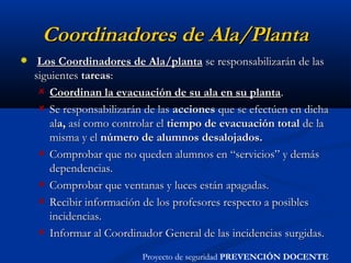 Coordinadores de Ala/PlantaCoordinadores de Ala/Planta
  Los Coordinadores de Ala/plantaLos Coordinadores de Ala/planta se responsabilizarán de lasse responsabilizarán de las
siguientessiguientes tareastareas::
Coordinan la evacuación de su ala en su plantaCoordinan la evacuación de su ala en su planta..
Se responsabilizarán de lasSe responsabilizarán de las accionesacciones que se efectúen en dichaque se efectúen en dicha
alala,a, así como controlar elasí como controlar el tiempo de evacuación totaltiempo de evacuación total de lade la
misma y elmisma y el número de alumnosnúmero de alumnos desalojados.desalojados.
Comprobar que no queden alumnos en “servicios” y demásComprobar que no queden alumnos en “servicios” y demás
dependencias.dependencias.
Comprobar que ventanas y luces están apagadas.Comprobar que ventanas y luces están apagadas.
Recibir información de los profesores respecto a posiblesRecibir información de los profesores respecto a posibles
incidencias.incidencias.
Informar al Coordinador General de las incidencias surgidas.Informar al Coordinador General de las incidencias surgidas.
Proyecto de seguridad PREVENCIÓN DOCENTE
 