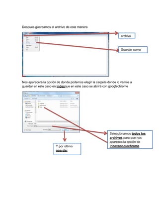 Después guardamos el archivo de esta manera
Nos aparecerá la opción de donde podemos elegir la carpeta donde lo vamos a
guardar en este caso en indexque en este caso se abrirá con googlechrome
archivo
Guardar como
Seleccionamos todos los
archivos para que nos
aparesca la opción de
indexgooglechromeY por último
guardar
 