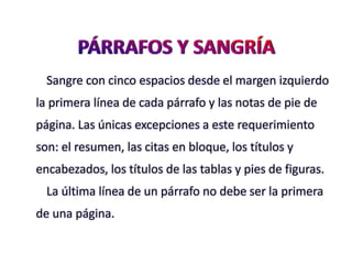 Sangre con cinco espacios desde el margen izquierdo
la primera línea de cada párrafo y las notas de pie de
página. Las únicas excepciones a este requerimiento
son: el resumen, las citas en bloque, los títulos y
encabezados, los títulos de las tablas y pies de figuras.
La última línea de un párrafo no debe ser la primera
de una página.
 