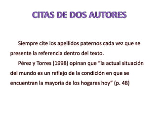 Siempre cite los apellidos paternos cada vez que se
presente la referencia dentro del texto.
Pérez y Torres (1998) opinan que “la actual situación
del mundo es un reflejo de la condición en que se
encuentran la mayoría de los hogares hoy” (p. 48)
 