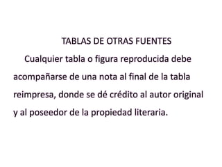 TABLAS DE OTRAS FUENTES
Cualquier tabla o figura reproducida debe
acompañarse de una nota al final de la tabla
reimpresa, donde se dé crédito al autor original
y al poseedor de la propiedad literaria.
 
