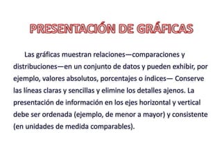 Las gráficas muestran relaciones—comparaciones y
distribuciones—en un conjunto de datos y pueden exhibir, por
ejemplo, valores absolutos, porcentajes o índices— Conserve
las líneas claras y sencillas y elimine los detalles ajenos. La
presentación de información en los ejes horizontal y vertical
debe ser ordenada (ejemplo, de menor a mayor) y consistente
(en unidades de medida comparables).
 