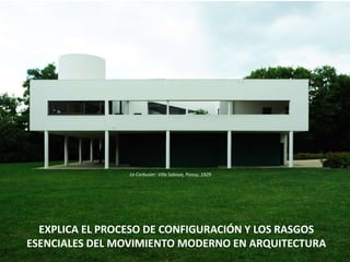 EXPLICA EL PROCESO DE CONFIGURACIÓN Y LOS RASGOS
ESENCIALES DEL MOVIMIENTO MODERNO EN ARQUITECTURA
Le Corbusier: Villa Saboya, Poissy, 1929
 