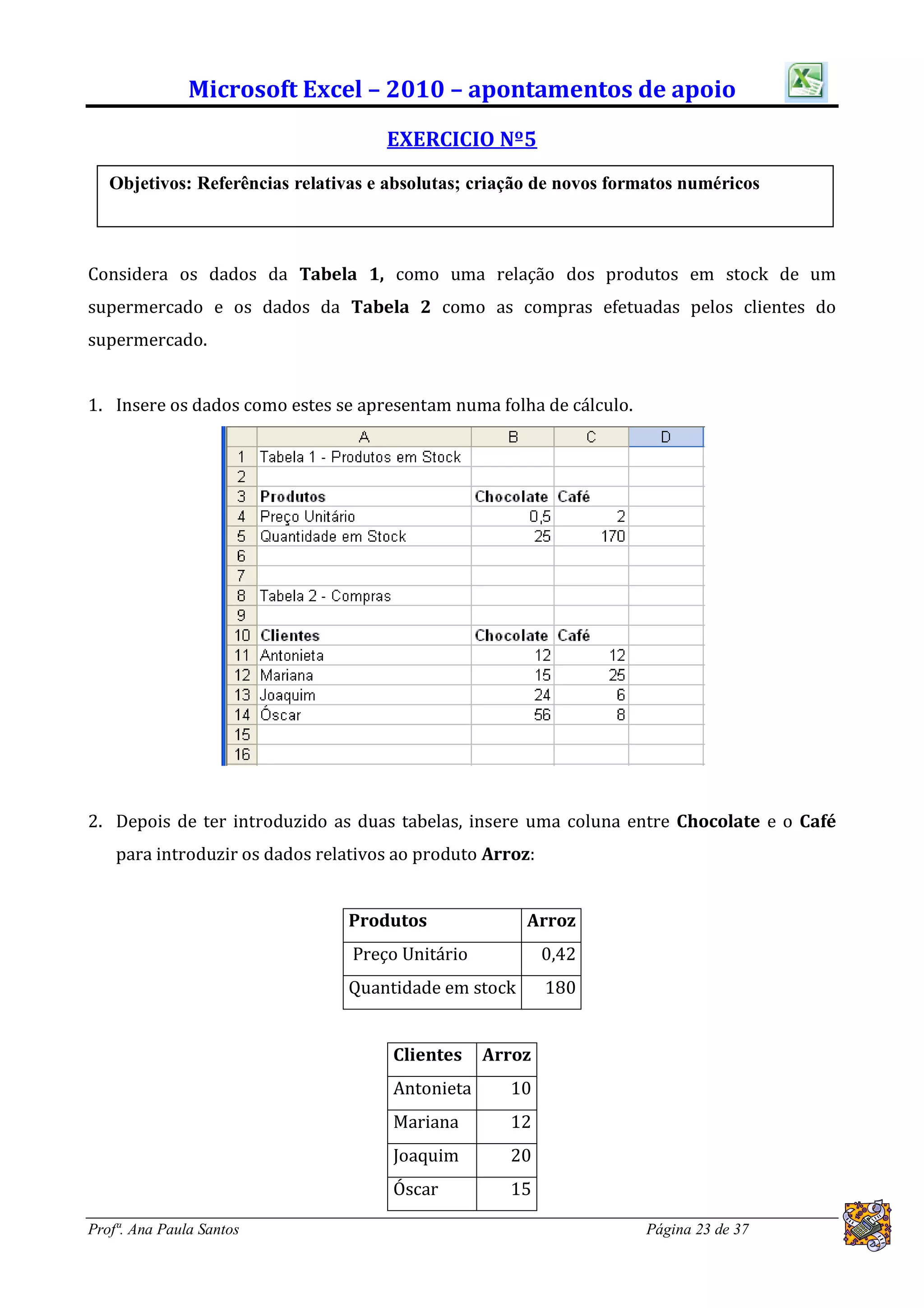 Microsoft Excel – 2010 – apontamentos de apoio
                                     EXERCICIO Nº5
   Objetivos: Referências relativas e absolutas; criação de novos formatos numéricos



Considera os dados da Tabela 1, como uma relação dos produtos em stock de um
supermercado e os dados da Tabela 2 como as compras efetuadas pelos clientes do
supermercado.


1. Insere os dados como estes se apresentam numa folha de cálculo.




2. Depois de ter introduzido as duas tabelas, insere uma coluna entre Chocolate e o Café
    para introduzir os dados relativos ao produto Arroz:


                                Produtos               Arroz
                                 Preço Unitário            0,42
                                Quantidade em stock        180


                                      Clientes    Arroz
                                      Antonieta     10
                                      Mariana       12
                                      Joaquim       20
                                      Óscar         15

Profª. Ana Paula Santos                                              Página 23 de 37
 