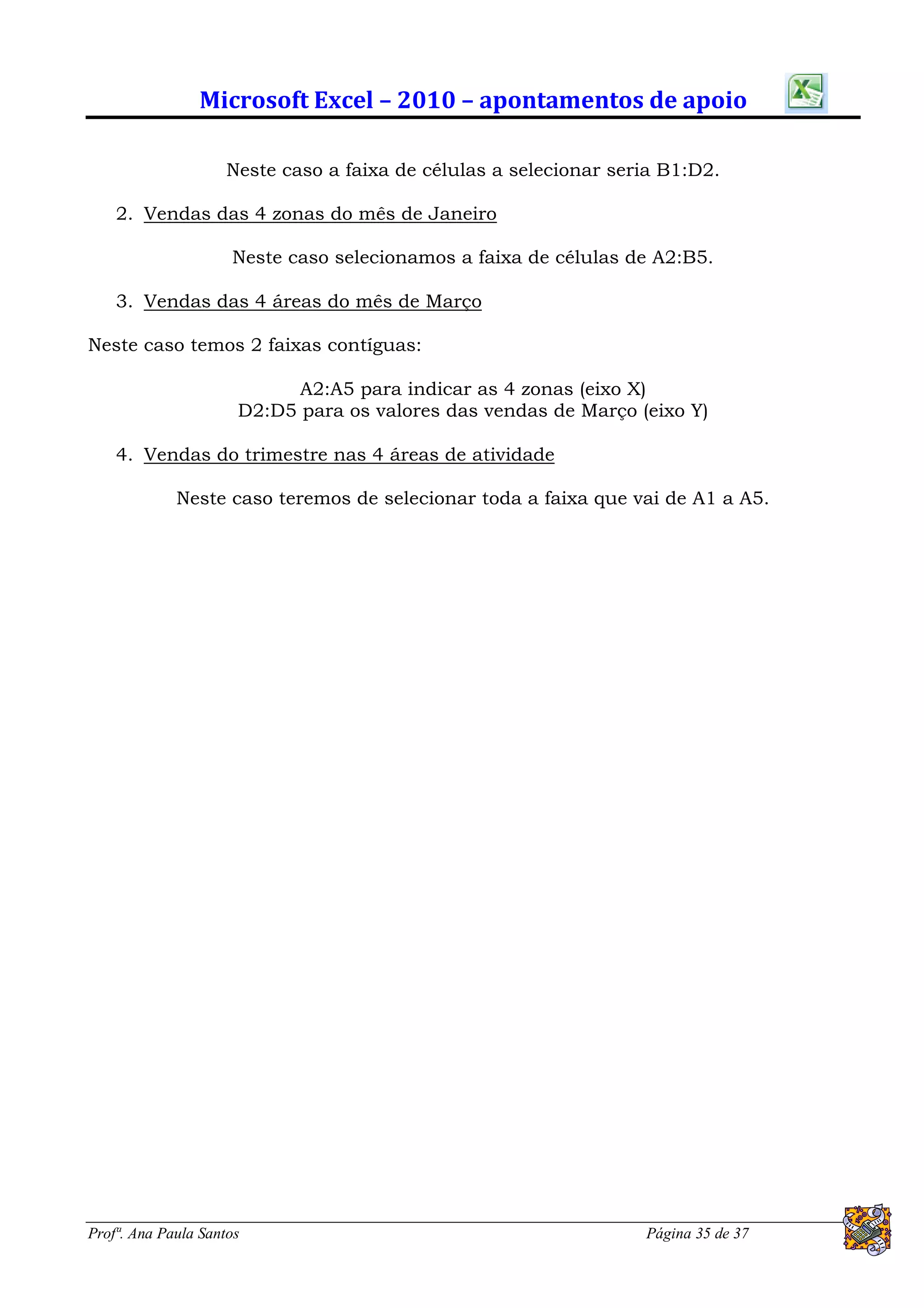 Microsoft Excel – 2010 – apontamentos de apoio

                     Neste caso a faixa de células a selecionar seria B1:D2.

    2. Vendas das 4 zonas do mês de Janeiro

                     Neste caso selecionamos a faixa de células de A2:B5.

    3. Vendas das 4 áreas do mês de Março

Neste caso temos 2 faixas contíguas:

                            A2:A5 para indicar as 4 zonas (eixo X)
                      D2:D5 para os valores das vendas de Março (eixo Y)

    4. Vendas do trimestre nas 4 áreas de atividade

             Neste caso teremos de selecionar toda a faixa que vai de A1 a A5.




Profª. Ana Paula Santos                                            Página 35 de 37
 