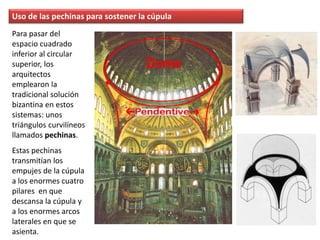 Para pasar del
espacio cuadrado
inferior al circular
superior, los
arquitectos
emplearon la
tradicional solución
bizantina en estos
sistemas: unos
triángulos curvilíneos
llamados pechinas.
Estas pechinas
transmitían los
empujes de la cúpula
a los enormes cuatro
pilares en que
descansa la cúpula y
a los enormes arcos
laterales en que se
asienta.
Uso de las pechinas para sostener la cúpula
 