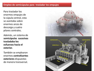 Empleo de semicúpulas para trasladar los empujes
Para trasladar los
enormes empujes de
la cúpula central, esta
se asentaba sobre
enormes arcos de
descarga y cuatro
pilares centrales.
Además, un sistema de
semicúpulas sucesivas
trasladaba los
esfuerzos hacia el
exterior.
También se emplearon
enormes contrafuertes
exteriores dispuestos
de manera transversal.
 
