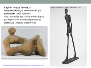 Surgirán nuevas formas. El
antinaturalismo, la deformación y la
estilización serán recursos
fundamentales del artista, mediante las
que explorarán nuevas posibilidades
expresivas (Moore, Giacometti).
http://artetorreherberos.blogspot.com.es/2010/05/panorama-de-la-escultura-en-el-siglo-xx.html
Henry Moore: Figura reclinada, 1938
Alberto Giacometti: El hombre que camina, 1960
 