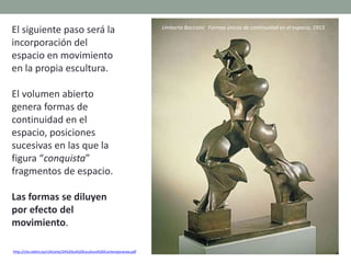 El siguiente paso será la
incorporación del
espacio en movimiento
en la propia escultura.
El volumen abierto
genera formas de
continuidad en el
espacio, posiciones
sucesivas en las que la
figura “conquista”
fragmentos de espacio.
Las formas se diluyen
por efecto del
movimiento.
http://clio.rediris.es/n34/arte/24%20La%20Escultura%20Contemporanea.pdf
Umberto Boccioni: Formas únicas de continuidad en el espacio, 1913
 