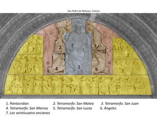 1. Pantocrátor. 2. Tetramorfo: San Mateo 3. Tetramorfo: San Juan
4. Tetramorfo: San Marcos 5. Tetramorfo: San Lucas 6. Ángeles
7. Los veinticuatro ancianos
San Pedro de Moissac, Francia
 