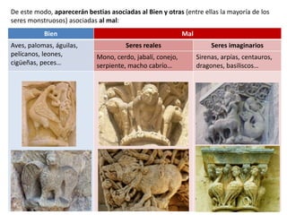 De este modo, aparecerán bestias asociadas al Bien y otras (entre ellas la mayoría de los
seres monstruosos) asociadas al mal:
Bien Mal
Aves, palomas, águilas,
pelícanos, leones,
cigüeñas, peces…
Seres reales Seres imaginarios
Mono, cerdo, jabalí, conejo,
serpiente, macho cabrío…
Sirenas, arpías, centauros,
dragones, basiliscos…
 