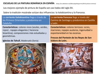 ESCUELAS DE LA PINTURA ROMÁNICA EN ESPAÑA (https://es.slideshare.net/Manuelguillnguerrero/44-la-pintura-romnica)
Los mejores ejemplo de pintura de España son casi todos del siglo XII.
Sobre la tradición mozárabe actúan dos influencias: la italobizantina y la francesa.
La corriente francesa llega a través del
Camino de Santiago y predomina en Castilla
y León.
Características: colores terrosos: ocres,
marrones; ropajes austeros, ingenuidad o
espontaneidad en las escenas.
Frescos del Panteón de los Reyes de San
Isidoro de León.
La corriente italobizantina llega a través de
los Pirineos Orientales y predomina en
Cataluña.
Características: colores vivos (azules, verdes,
rojos) , ropajes elegantes ( herencia
bizantina), composiciones más estudiadas y
geométricas.
Iglesias de Tahull, Maderuelo (Soria)
 