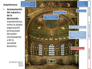 Arquitectura:
• Jerarquización
del espacio y
de la
decoración
arquitectónica,
como la propia
organización
jerarquizada
del poder
cesaropapista
y de la
sociedad
bizantina.
Arco de triunfo
separando a los fieles
del presbiterio
12 apóstoles
Cristo en
Majestad y
Tetramorfos
Exaltación de la cruz.
Transfiguración
Mano Dios Padre
Pedro, Santiago y Juan
San Apolinar, eleva sus
plegarias a Dios por sus
fieles, como Cristo y los
Apóstoles
ÁMBITOTERRENAL
Obispos de Rávena
San Apolinar in Classe.
Rávena.
Siglo VI
ÁMBITODELOSSANTOSÁMBITODIVINO
 