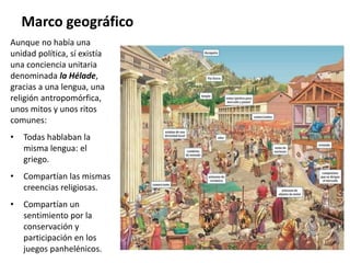Aunque no había una
unidad política, sí existía
una conciencia unitaria
denominada la Hélade,
gracias a una lengua, una
religión antropomórfica,
unos mitos y unos ritos
comunes:
• Todas hablaban la
misma lengua: el
griego.
• Compartían las mismas
creencias religiosas.
• Compartían un
sentimiento por la
conservación y
participación en los
juegos panhelénicos.
Marco geográfico
 