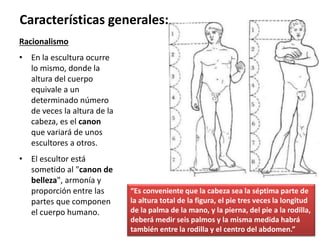 Racionalismo
• En la escultura ocurre
lo mismo, donde la
altura del cuerpo
equivale a un
determinado número
de veces la altura de la
cabeza, es el canon
que variará de unos
escultores a otros.
• El escultor está
sometido al "canon de
belleza", armonía y
proporción entre las
partes que componen
el cuerpo humano.
Características generales:
“Es conveniente que la cabeza sea la séptima parte de
la altura total de la figura, el pie tres veces la longitud
de la palma de la mano, y la pierna, del pie a la rodilla,
deberá medir seis palmos y la misma medida habrá
también entre la rodilla y el centro del abdomen.”
 