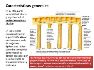 En su afán por la
racionalidad, el arte
griego buscará el
perfeccionamiento
técnico.
En los templos
trataban de lograr
la perfección visual
mediante una serie
de reajustes
ópticos que tenían
como fin corregir las
perturbaciones
ópticas causadas por
las estructuras de
líneas horizontales y
verticales.
Características generales:
“El objetivo del arquitecto es dar a su obra una apariencia bien
proporcionada y recurrir en lo posible a medios correctivos de
ilusión óptica, con vistas a un equilibrio simulado de medidas y
proporciones”. Heliodoro, óptico siglo III a. C.
 