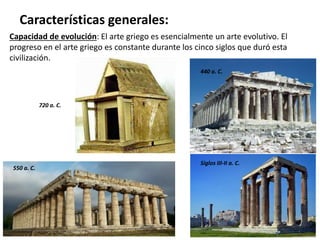 Capacidad de evolución: El arte griego es esencialmente un arte evolutivo. El
progreso en el arte griego es constante durante los cinco siglos que duró esta
civilización.
Características generales:
550 a. C.
440 a. C.
Siglos III-II a. C.
720 a. C.
 