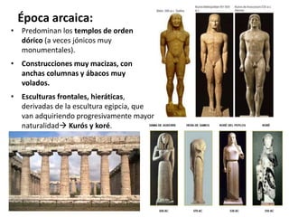 Época arcaica:
• Predominan los templos de orden
dórico (a veces jónicos muy
monumentales).
• Construcciones muy macizas, con
anchas columnas y ábacos muy
volados.
• Esculturas frontales, hieráticas,
derivadas de la escultura egipcia, que
van adquiriendo progresivamente mayor
naturalidad Kurós y koré.
 