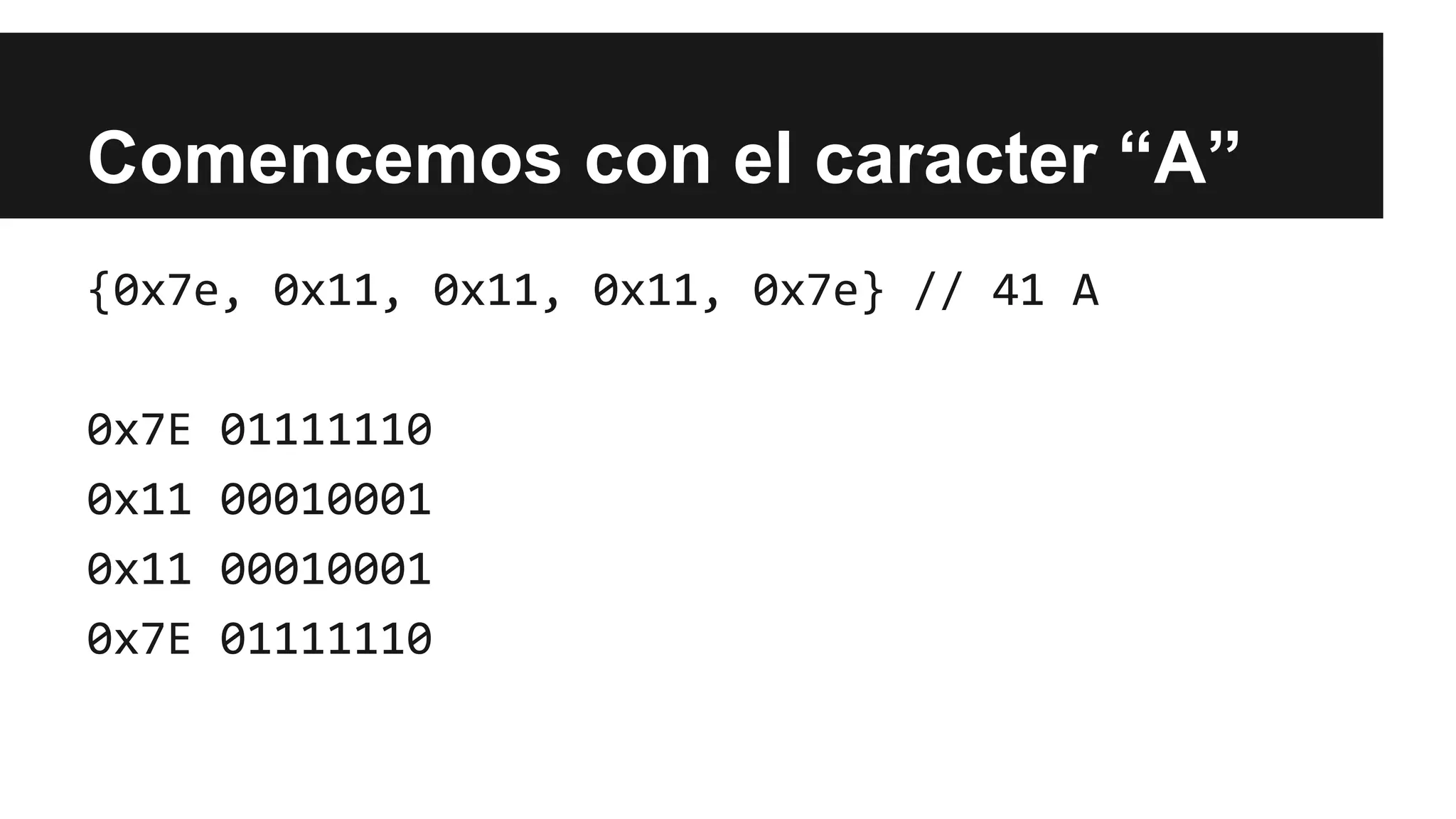 Comencemos con el caracter “A”
{0x7e, 0x11, 0x11, 0x11, 0x7e} // 41 A
0x7E 01111110
0x11 00010001
0x11 00010001
0x7E 01111110
 