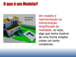 Um modelo é
representação ou
interpretação
simplificada da
realidade, ou seja,
algo que tenta mostrar
de uma forma simples...