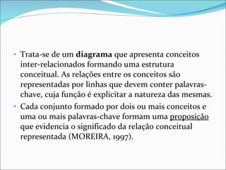 Trata-se de um  diagrama  que apresenta conceitos inter-relacionados formando uma estrutura conceitual. As relações entre os conceitos são representadas por linhas que devem conter palavras-chave, cuja função é explicitar a natureza das mesmas.  Cada conjunto formado por dois ou mais conceitos e uma ou mais palavras-chave formam uma  proposição  que evidencia o significado da relação conceitual representada (MOREIRA, 1997). 