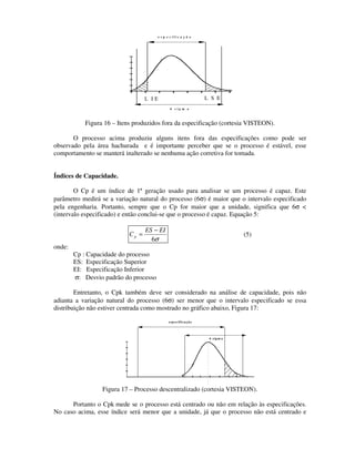 e s p e c ific a ç ã o




                                  L IE                                 L S E
                                               6 s ig m a



           Figura 16 – Itens produzidos fora da especificação (cortesia VISTEON).

       O processo acima produziu alguns itens fora das especificações como pode ser
observado pela área hachurada e é importante perceber que se o processo é estável, esse
comportamento se manterá inalterado se nenhuma ação corretiva for tomada.


Índices de Capacidade.

        O Cp é um índice de 1ª geração usado para analisar se um processo é capaz. Este
parâmetro medirá se a variação natural do processo (6σ) é maior que o intervalo especificado
pela engenharia. Portanto, sempre que o Cp for maior que a unidade, significa que 6σ <
(intervalo especificado) e então conclui-se que o processo é capaz. Equação 5:

                                  ES − EI
                           Cp =                                                      (5)
                                    6σ
onde:
        Cp : Capacidade do processo
        ES: Especificação Superior
        EI: Especificação Inferior
        σ: Desvio padrão do processo

        Entretanto, o Cpk também deve ser considerado na análise de capacidade, pois não
adianta a variação natural do processo (6σ) ser menor que o intervalo especificado se essa
distribuição não estiver centrada como mostrado no gráfico abaixo, Figura 17:
                                              e s p e c ific a ç ã o




                                                                        6 s ig m a




                 Figura 17 – Processo descentralizado (cortesia VISTEON).

      Portanto o Cpk mede se o processo está centrado ou não em relação às especificações.
No caso acima, esse índice será menor que a unidade, já que o processo não está centrado e
 