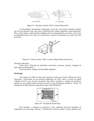 Figura 18 – Principio do efeito “hall” (cortesia Honeywell)

        O semicondutor, devidamente configurado, associ-ado a um circuito eletrônico permite
que ele seja utilizado como uma chave, permitindo que campos magnéticos sejam detectados.
Para a chave operar, a linha de fluxo magnético deve ser perpendicular a essa face, e deve estar
na polaridade correta. Se o pólo sul se aproximar, causará o chaveamento, já o pólo norte não
terá efeito.




           Figura 19 – Chave de efeito “Hall” (cortesia Allegro Microsystems Inc.)

Principais aplicações:
       Como chave: Detecção de polaridade, movimento, presença, posição, contagem de
pulsos para posicionamento.
       Como transdutor: medição da intensidade magnética.

Strain gage

        “Em meados de 1930 foi dada maior atenção ao efeito que Charles Wheatstone havia
observado e mencionado em sua primeira publicação em 1843, sobre o circuito em ponte
(“Bridge Circuit”) que ele havia inventado. Este efeito considera a variação da resistência
elétrica em um condutor elétrico devido ao efeito de uma deformação mecânica”. (Fonte: An
Introduction to Measurements using Strain Gages, Karl Hoffmann).




                             Figura 20 – Exemplo de Strain Gage

      Para aumentar a variação na resistência e para compensar possíveis flutuações de
temperatura um strain gage “dummy” é introduzido e não fica sujeito à tensão aplicada, mas
 