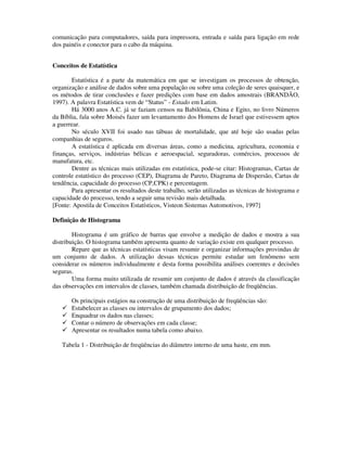 comunicação para computadores, saída para impressora, entrada e saída para ligação em rede
dos painéis e conector para o cabo da máquina.


Conceitos de Estatística

       Estatística é a parte da matemática em que se investigam os processos de obtenção,
organização e análise de dados sobre uma população ou sobre uma coleção de seres quaisquer, e
os métodos de tirar conclusões e fazer predições com base em dados amostrais (BRANDÃO,
1997). A palavra Estatística vem de “Status” - Estado em Latim.
       Há 3000 anos A.C. já se faziam censos na Babilônia, China e Egito, no livro Números
da Bíblia, fala sobre Moisés fazer um levantamento dos Homens de Israel que estivessem aptos
a guerrear.
       No século XVII foi usado nas tábuas de mortalidade, que até hoje são usadas pelas
companhias de seguros.
       A estatística é aplicada em diversas áreas, como a medicina, agricultura, economia e
finanças, serviços, indústrias bélicas e aeroespacial, seguradoras, comércios, processos de
manufatura, etc.
       Dentre as técnicas mais utilizadas em estatística, pode-se citar: Histogramas, Cartas de
controle estatístico do processo (CEP), Diagrama de Pareto, Diagrama de Dispersão, Cartas de
tendência, capacidade do processo (CP,CPK) e percentagem.
       Para apresentar os resultados deste trabalho, serão utilizadas as técnicas de histograma e
capacidade do processo, tendo a seguir uma revisão mais detalhada.
[Fonte: Apostila de Conceitos Estatísticos, Visteon Sistemas Automotivos, 1997]

Definição de Histograma

        Histograma é um gráfico de barras que envolve a medição de dados e mostra a sua
distribuição. O histograma também apresenta quanto de variação existe em qualquer processo.
        Repare que as técnicas estatísticas visam resumir e organizar informações provindas de
um conjunto de dados. A utilização dessas técnicas permite estudar um fenômeno sem
considerar os números individualmente e desta forma possibilita análises coerentes e decisões
seguras.
        Uma forma muito utilizada de resumir um conjunto de dados é através da classificação
das observações em intervalos de classes, também chamada distribuição de freqüências.

       Os principais estágios na construção de uma distribuição de freqüências são:
       Estabelecer as classes ou intervalos de grupamento dos dados;
       Enquadrar os dados nas classes;
       Contar o número de observações em cada classe;
       Apresentar os resultados numa tabela como abaixo.

   Tabela 1 - Distribuição de freqüências do diâmetro interno de uma haste, em mm.
 