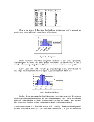 Classes              Freqüência       %
                               3.85 - 4.35          2                4
                               4.35 - 4.85          7                14
                               4.85 - 5.35          15               30
                               5.35 - 5.85          14               28
                               5.85 - 6.35          6                12
                               6.35 - 6.85          5                10
                               6.85 - 7.35          1                2

        Observe que a partir da Tabela de distribuição de freqüências é possível construir um
gráfico como mostra a Figura 9, o qual chama-se histograma.


                                       35
                                       30
                                       25
                                       20
                                       15                           no. peças
                                       10
                                        5
                                        0
                                         5

                                         5

                                         5

                                         5
                                       .3

                                       .3

                                       .3

                                       .3
                                     -4

                                     -5

                                     -6

                                     -7
                                   85

                                   85

                                   85

                                   85
                                3.

                                4.

                                5.

                                6.




                                            Figura 9 – Histograma.

        Muitos fenômenos apresentam histograma semelhante ao caso acima apresentado,
diferindo apenas na média e no desvio-padrão (variabilidade das observações), ou seja, a
medida central e a dispersão podem ser diferentes, preservando, entretanto a forma padrão.

      Karl F. Gauss (1777 - 1855) constatou que essa distribuição poderia ser aproximada por
uma função matemática representada na Figura 10, que lembra a forma de um sino:

                          30
                          25
                          20
                          15                                           no . peças
                          10
                           5
                           0
                               3.85-        4.85-   5.85-   6.85-
                               4.35         5.35    6.35    7.35



                                            Figura 10 – Curva de Gauss

        Por isso, deu-se o nome de distribuição Gaussiana ou distribuição Normal. Repare que a
distribuição matemática constitui uma boa aproximação dos dados reais e que a probabilidade
de alguma observação estar próxima à média (na parte central da distribuição) é alta. Por outro
lado, observações próximas à cauda são menos prováveis e, portanto não esperadas.

A partir da caracterização da distribuição normal teórica (média µ e desvio-padrão σ) é possível
prever a quantidade de observações que estarão em certo intervalo (a,b), pois está diretamente
 