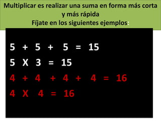 Multiplicar es realizar una suma en forma más corta
                     y más rápida
         Fíjate en los siguientes ejemplos:


  5   +   5    +    5 = 15
  5   X   3    =    15
  4   +   4    +    4 + 4 = 16
  4   X    4    =   16
 