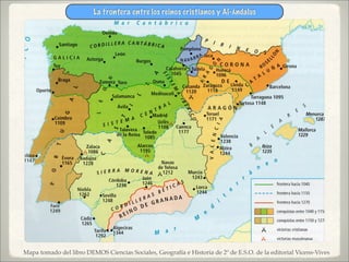 La frontera entre los reinos cristianos y Al-Ándalus




Mapa tomado del libro DEMOS Ciencias Sociales, Geografía e Histor...