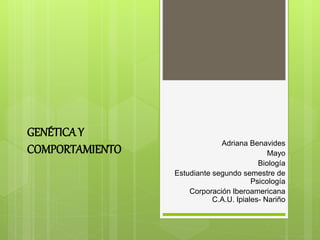 GENÉTICAY
COMPORTAMIENTO
Adriana Benavides
Mayo
Biología
Estudiante segundo semestre de
Psicología
Corporación Iberoamericana
C.A.U. Ipiales- Nariño
 