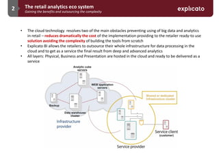 2 The retail analytics eco system
Gaining the benefits and outsourcing the complexity
• The cloud technology resolves two of the main obstacles preventing using of big data and analytics
in retail – reduces dramatically the cost of the implementation providing to the retailer ready-to use
solution avoiding the complexity of building the tools from scratch
• Explicato BI allows the retailers to outsource their whole infrastructure for data processing in the
cloud and to get as a service the final result from deep and advanced analytics
• All layers: Physical, Business and Presentation are hosted in the cloud and ready to be delivered as a
service
 