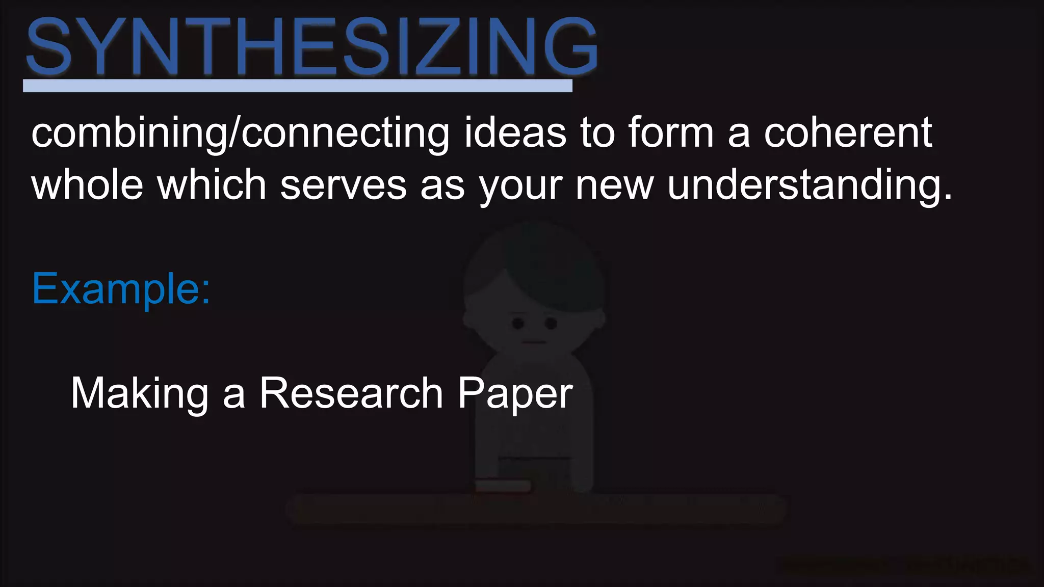 SYNTHESIZING
combining/connecting ideas to form a coherent
whole which serves as your new understanding.
Example:
Making a Research Paper
 
