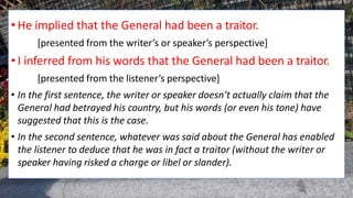 • He implied that the General had been a traitor.
[presented from the writer’s or speaker’s perspective]
• I inferred from his words that the General had been a traitor.
[presented from the listener’s perspective]
• In the first sentence, the writer or speaker doesn’t actually claim that the
General had betrayed his country, but his words (or even his tone) have
suggested that this is the case.
• In the second sentence, whatever was said about the General has enabled
the listener to deduce that he was in fact a traitor (without the writer or
speaker having risked a charge or libel or slander).
 