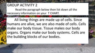 GROUP ACTIVITY 2
Read the paragraph below then list down all the
necessary information on your T CHART.
All living things are made up of cells. Since
humans are alive, we are also made of cells. Cells
make our body tissue. Tissue makes our body
organs. Organs make our body systems. Cells are
the building blocks of our bodies.
 