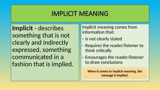 IMPLICIT MEANING
Implicit - describes
something that is not
clearly and indirectly
expressed, something
communicated in a
fashion that is implied.
Implicit meaning comes from
information that:
- Is not clearly stated
- Requires the reader/listener to
think critically
- Encourages the reader/listener
to draw conclusions
When it comes to implicit meaning, the
message is implied.
 