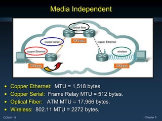 CCNA1-14 Chapter 5
Media Independent
• Copper Ethernet: MTU = 1,518 bytes.
• Copper Serial: Frame Relay MTU = 512 bytes.
• Optical Fiber: ATM MTU = 17,966 bytes.
• Wireless: 802.11 MTU = 2272 bytes.
 