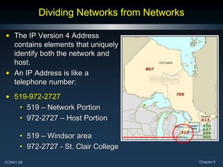 CCNA1-28 Chapter 5
Dividing Networks from Networks
• The IP Version 4 Address
contains elements that uniquely
identify both the network and
host.
• An IP Address is like a
telephone number:
• 519-972-2727
• 519 – Network Portion
• 972-2727 – Host Portion
• 519 – Windsor area
• 972-2727 - St. Clair College
 