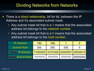 CCNA1-31 Chapter 5
Dividing Networks from Networks
• There is a direct relationship, bit for bit, between the IP
Address and it's associated subnet mask.
• Any subnet mask bit that is a 1 means that the associated
address bit belongs to the network number.
• Any subnet mask bit that is a 0 means that the associated
address bit belongs to the host number.
IP Address 192. 168. 1. 2
Subnet Mask 255. 255. 255. 0
Binary IP Address 11000000 10101000 00000001 00000010
Binary Subnet Mask 11111111 11111111 11111111 00000000
 