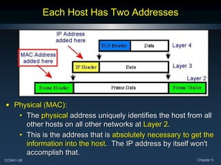 CCNA1-36 Chapter 5
Each Host Has Two Addresses
• Physical (MAC):
• The physical address uniquely identifies the host from all
other hosts on all other networks at Layer 2.
• This is the address that is absolutely necessary to get the
information into the host. The IP address by itself won't
accomplish that.
 