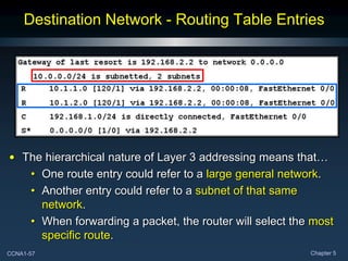 CCNA1-57 Chapter 5
Destination Network - Routing Table Entries
• The hierarchical nature of Layer 3 addressing means that…
• One route entry could refer to a large general network.
• Another entry could refer to a subnet of that same
network.
• When forwarding a packet, the router will select the most
specific route.
 
