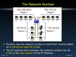 The Network Number Routers use the network number to build their routing tables so it  cannot be used for a host . The IP address that indicates the network number has all 0 bits  in the  host portion  of the IP Address.  