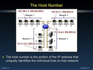 The Host Number The host number is the portion of the IP address that uniquely identifies the individual host on that network.  