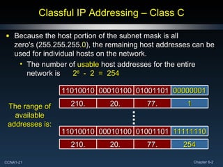 Classful IP Addressing – Class C Because the host portion of the subnet mask is all zero's (255.255.255. 0 ), the remaining host addresses can be used for individual hosts on the network. The number of  usable  host addresses for the entire network is 2 8   -  2  =  254 11111110 01001101 00010100 11010010 254 77. 20. 210. 00000001 01001101 00010100 11010010 1 77. 20. 210. The range of available addresses is: 