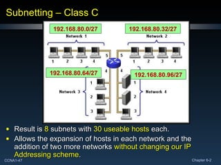 Subnetting – Class C Result is  8  subnets with  30 useable hosts  each. Allows the expansion of hosts in each network and the addition of two more networks  without changing our IP Addressing scheme . 192.168.80.0/27 192.168.80.32/27 192.168.80.64/27 192.168.80.96/27 