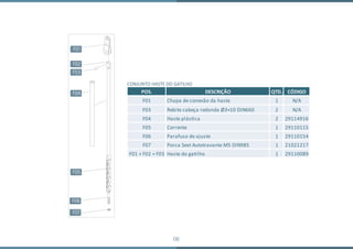 08
CONJUNTO HASTE DO GATILHO
POS. DESCRIÇÃO QTD. CÓDIGO
F01 Chapa de conexão da haste 1 N/A
F03 Rebite cabeça redonda Ø3×10 DIN660 2 N/A
F04 Haste plás�ca 2 29114916
F05 Corrente 1 29110115
F06 Parafuso de ajuste 1 29110154
F07 Porca Sext Autotravante M5 DIN985 1 21021217
F01 + F02 + F03 Haste do ga�lho 1 29110089
 